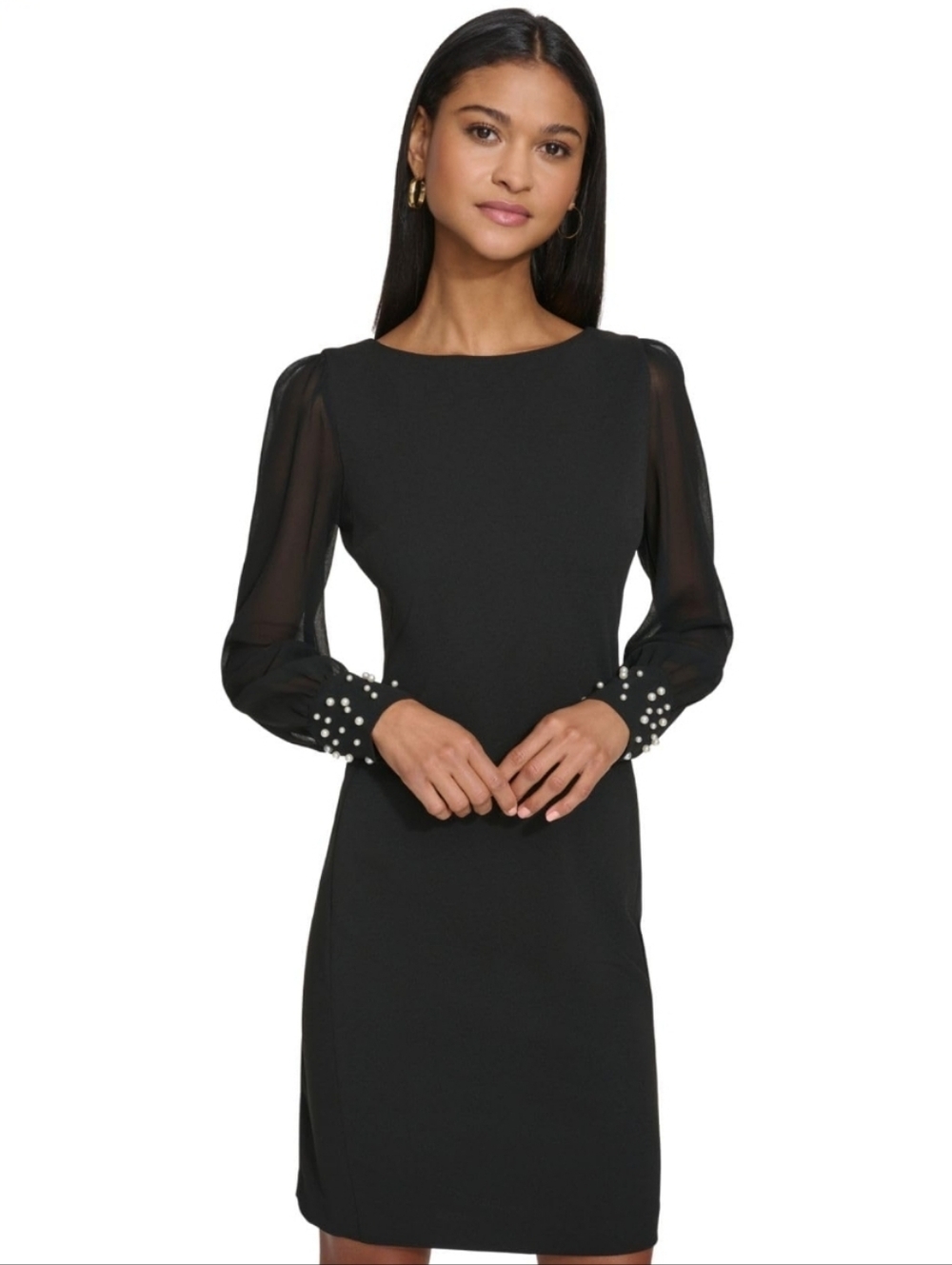 Karl Lagerfeld Chiffon Sleeve Pearl Cuff Crepe Sheath Little Black Dress